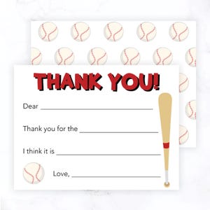 Kids Fill In the Blank Thank You Cards | Baseball Thank You Notes | Sports Fill In The Blank Cards | Girls Boys Thank You Note Cards