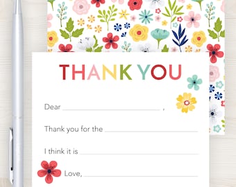 Kids Fill-in-the-Blank Thank You Cards | Girls Floral Fill in the Blank Thank You Cards | Girls Flower Thank you Notes Birthday Cards