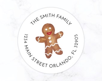 Gingerbread Man Christmas Return Address Label Stickers | Personalized Holiday Return Address Sticker | Round Vintage Christmas Watercolor