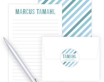 Kids Letter Writing Set | Kids Stationery Set | Boys Stationary Set | Blue Stripe Green Lined Paper for Boy | Camp Letters Pen Pal Set