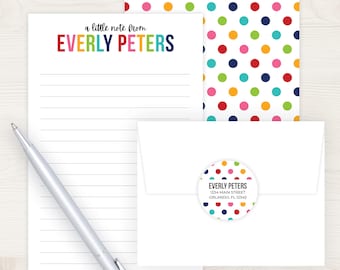 Kids Letter Writing Set | Girls Lined Stationery Paper Rainbow Polka Dot | Camp Letter Lined Stationary | Colorful Pen Pal Set for Kids