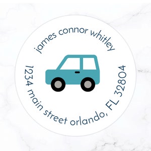 Car Return Address Labels | Car Kids Round Address Labels | 2 Inch Circle Stickers | Kids Boys Return Address Labels | Personalized 196