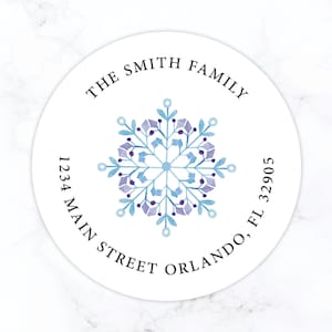 Christmas Return Address Label Stickers | Personalized Holiday Return Address Sticker | Round Labels Blue Watercolor Snowflake Address Label