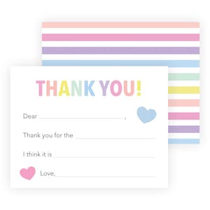 a colorful "Thank you!" card with a heart symbol and a blank space for a message.