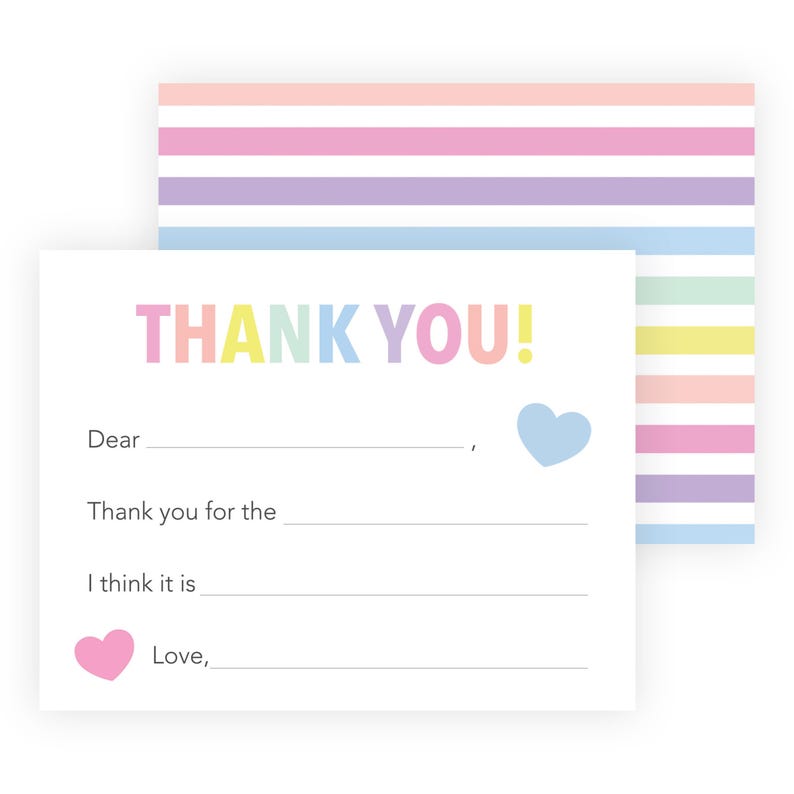 a colorful "Thank you!" card with a heart symbol and a blank space for a message.