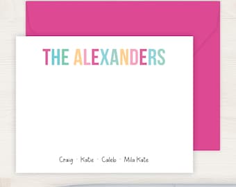 Colorful Family Stationery | Family Stationary | Family Flat Note Cards | Family Thank You Cards | Rainbow Bright Colorful Family Name