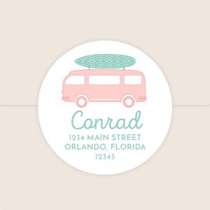 May include: A round sticker featuring a pink van with a surfboard on top. The van is on a white circle with the name "Conrad" in teal script, along with an address in Orlando, Florida.