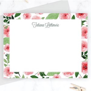 Floral Personalized Stationery Set | Social Stationary | Personal Flat Note Cards for Women | Flower Print Pattern | Pink Floral Watercolor