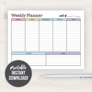 May include: A weekly planner sheet with the text Weekly Planner and week of at the top. It features five columns for Monday through Friday with pastel headers and two larger rows for Saturday and Sunday. A circular badge reads printable INSTANT DOWNLOAD.