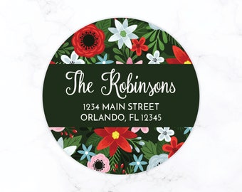 Christmas Return Address Label Stickers | Personalized Holiday Return Address Stickers | Round Labels Red Green Floral Christmas Flowers