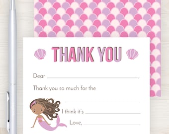 Mermaid Fill In the Blank Kids Thank You Card | Black Mermaid Thank You Cards | African American Mermaid Thank You Cards | Girls Fill In