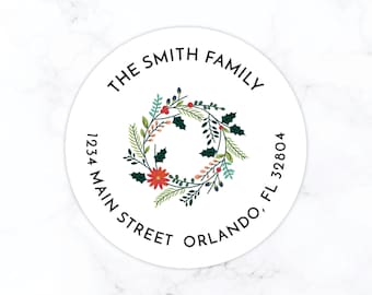 Christmas Return Address Label Stickers | Personalized Holiday Round Return Address Stickers | Round Labels Wreath Greenery Floral Labels