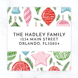 Ornament Christmas Square Return Address Label | Personalized Holiday Envelope Sticker | Large 2&quot; Back of Envelope Watercolor Ornaments