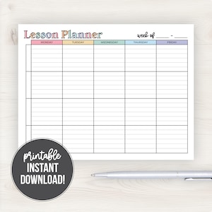 May include: A white lesson planner sheet with a colourful header reading Lesson Planner and a week of line. The grid features columns for Monday through Friday with horizontal lines for writing. A dark circular badge reads printable INSTANT DOWNLOAD.