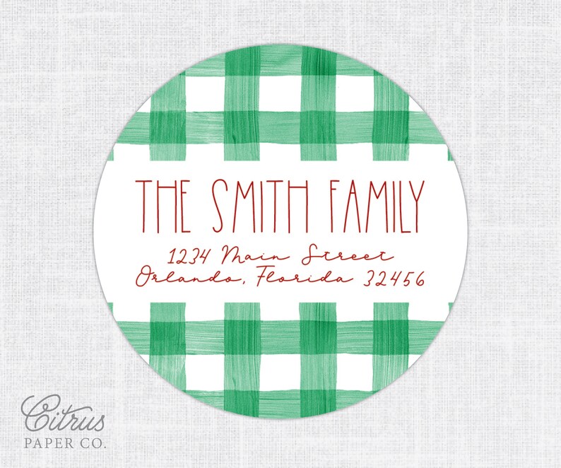 Green Buffalo Check Round Christmas Return Address Label Stickers Circle Labels Watercolor Personalized Holiday Return Address Stickers