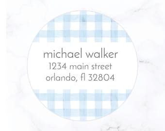 Blue Gingham Return Address Labels | Buffalo Check Gingham Round Address Labels | 2 Inch Circle Label Sticker | Kids Return Address Labels