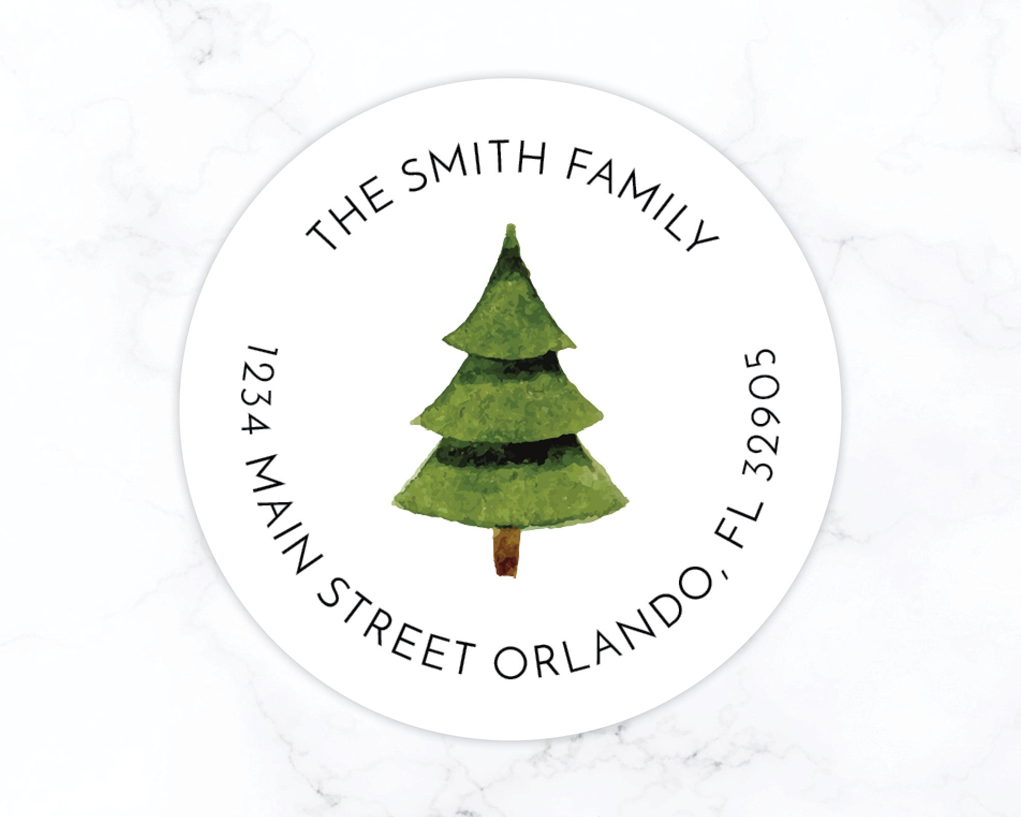Christmas Return Address Label Stickers | Personalized Holiday Return Address Stickers | Round Labels Watercolor Christmas Tree Minimalist
