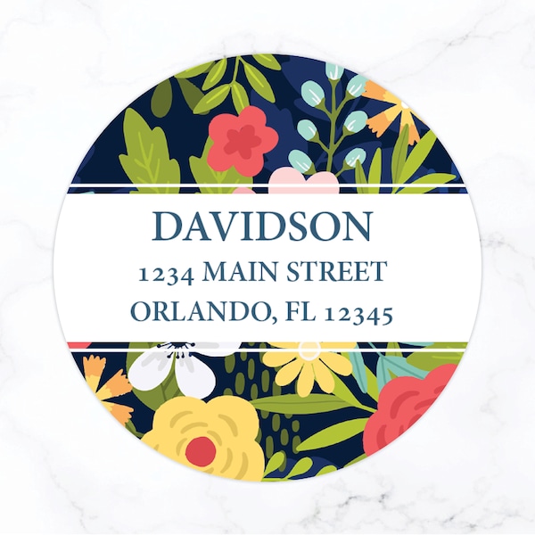 Floral Return Address Labels | Round Address Label Stickers | Women's Colorful Flower Personalized 2 Inch Circle Labels Stationary Set 044