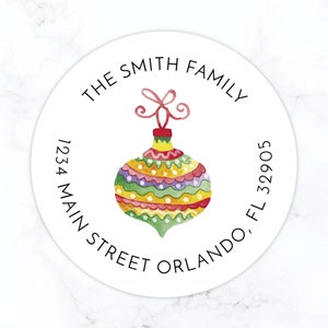 Christmas Ornament Return Address Label Stickers | Personalized Holiday Return Address Sticker | Round Label Vintage Christmas Watercolor