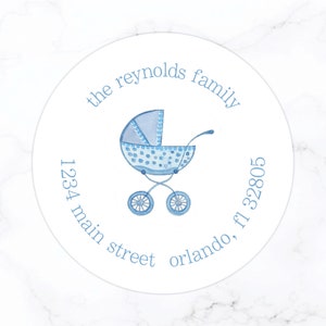 Baby Boy Round Return Address Labels | Baby Shower Thank You Personalized Stationery Address Label Stickers | Blue Pram Stroller Watercolor