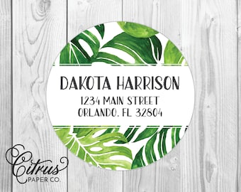 Return Address Labels Tropical Monstera Palm Leaves Beach Round Circle Glossy Matte 2 Inch Beach Wedding Destination Wedding Personalized