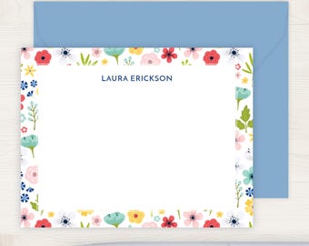 Personalized Floral Flat Note Cards | Stationery Set with Envelopes