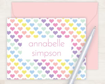 Personalized Rainbow Hearts Stationery Set | Pastel Folding Note Cards for Girls