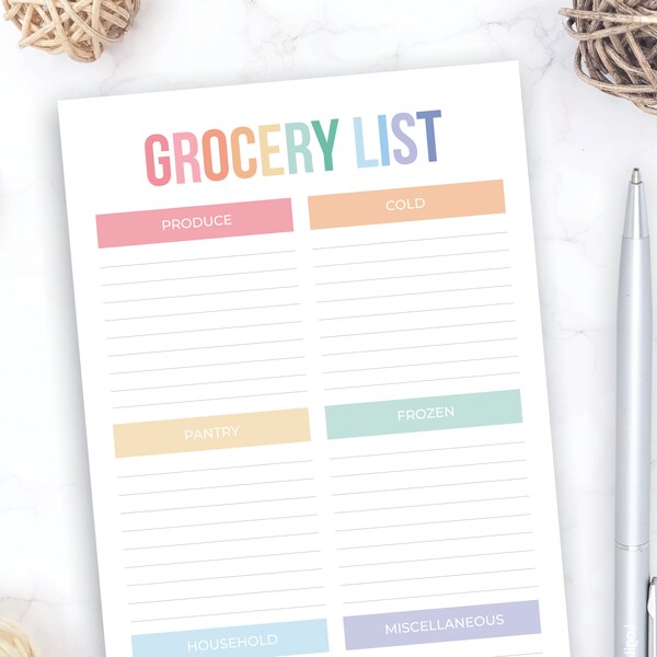 Grocery List Notepad | Pastel Grocery Shopping Pad | Grocery List with Categories | Colorful Family Grocery Paper | Organization Notepad