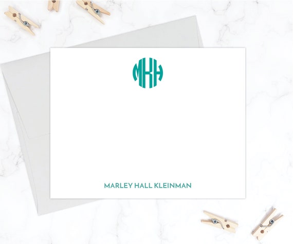 Circle Monogram Stationery Set Stationary Set for Girls Teal Green  Monogrammed Note Cards Flat Note Card Thank You Card for Kids 199 