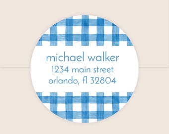 Blue Gingham Return Address Labels | Buffalo Check Gingham Round Address Labels | 2 Inch Circle Label Sticker | Kids Return Address Labels
