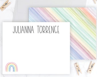 Rainbow Stationery Set | Pastel Watercolor Stripes Girls Stationary Set | Flat Note Card | Thank You Card Personalize Gift Idea for Girls