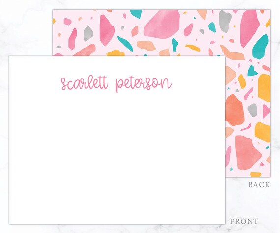 Personalized Kids Stationery Set Pink Terrazzo Girls Stationary Girl  Stationery Flat Note Cards Thank You Cards for Kids Stationary 