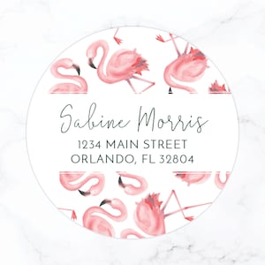 Flamingo Return Address Labels | Address Label Stickers | Women's Watercolor Florida Personalized Round 2 Inch Circle Labels Preppy Colorful