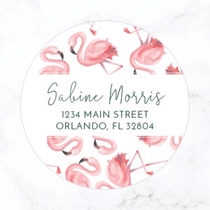 Flamingo Return Address Labels | Address Label Stickers | Women&#39;s Watercolor Florida Personalized Round 2 Inch Circle Labels Preppy Colorful
