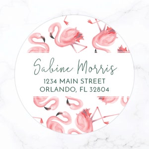 Flamingo Return Address Labels | Address Label Stickers | Women's Watercolor Florida Personalized Round 2 Inch Circle Labels Preppy Colorful