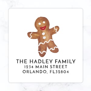 Gingerbread Man Christmas Square Return Address Label | Personalized Holiday Envelope Sticker | Large 2&quot; Back of Envelope Christmas Kids