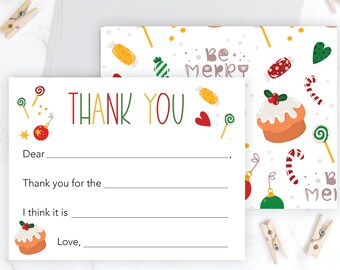 Kids Christmas Thank You Cards | Girls Fill in the Blank Thank You Notes for Christmas | Kids Holiday Flat Note Cards | Kids Christmas Cards