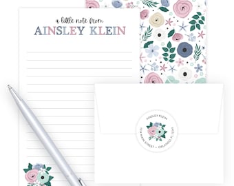 Kids Letter Writing Set | Purple Floral Lined Stationery Paper for Girls | Camp Letter Lined Stationary | Colorful Lined Pen Pal Set for Kid