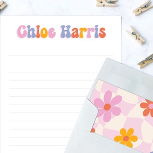 Kids Letter Writing Set | Retro Flower Pink Checkered Girls Stationery Set | Pen Pal Set for Girls | Personalized Girls Stationary Custom