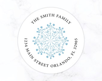 Christmas Return Address Label Stickers | Personalized Holiday Return Address Sticker | Round Label Watercolor Blue Snowflake Sticker Family