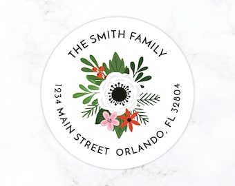 Christmas Return Address Label Stickers | Personalized Holiday Return Address Stickers | Round Labels Red Floral Bouquet Flowers Berries