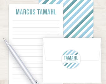 Kids Letter Writing Set | Kids Stationery Set | Boys Stationary Set | Blue Stripe Green Lined Paper for Boy | Camp Letters Pen Pal Set