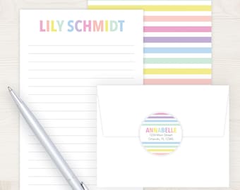 Girls Letter Writing Set | Rainbow Pastel Stripe Letter Writing Kit | Girls Stationery | Girls Gift Idea | Lined Stationary | Pen Pal Set