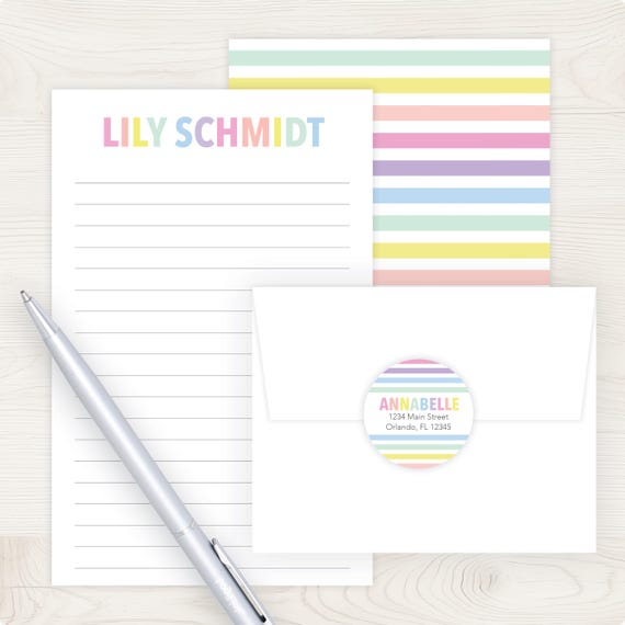 Girls Letter Writing Set | Rainbow Pastel Stripe Letter Writing Kit | Girls Stationery | Girls Gift Idea | Lined Stationary | Pen Pal Set
