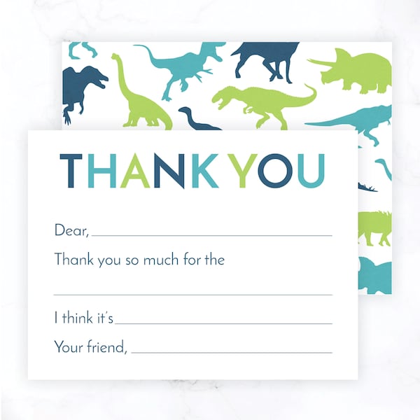 Dinosaur Fill In the Blank Thank You Card | Kids Birthday Fill In Thank You Note | Dino Thank You Card | Pre-Filled Boy Thank You Stationery