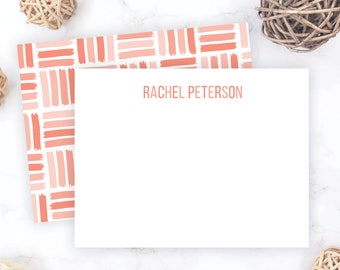 Coral Parquet Stationery Set | Double-Sided Personalized Note Cards | Pink Pattern Stationary for Women Thank You Cards Painted Simple