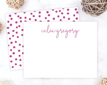 Polka Dot Stationery Set | Double-Sided Personalized Note Cards | Pink Polka Dots Stationary for Women Thank You Cards Painted Simple 109