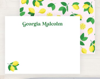Lemon Personalized Stationery | Lemon Flat Note Cards for Women | Pink Stationary | Girls Thank You Cards | Flat Notecards Preppy Fun