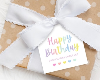 Personalized Kids Gift Tag | Pastel Round Gift Tag for Girls | Custom Square Gift Tag | Pastel Rainbow Stripe Happy Birthday Gift Tag