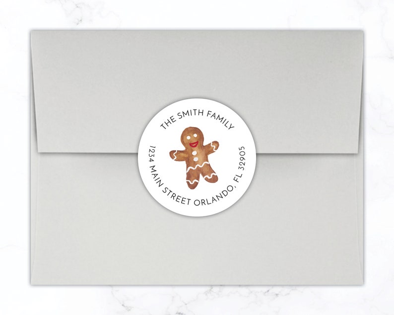 Gingerbread Man Christmas Return Address Label Stickers Personalized Holiday Return Address Sticker Round Vintage Christmas Watercolor image 2